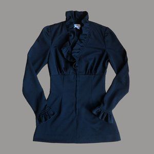 Vintage 60s 70s Ruffle Collar Black Top